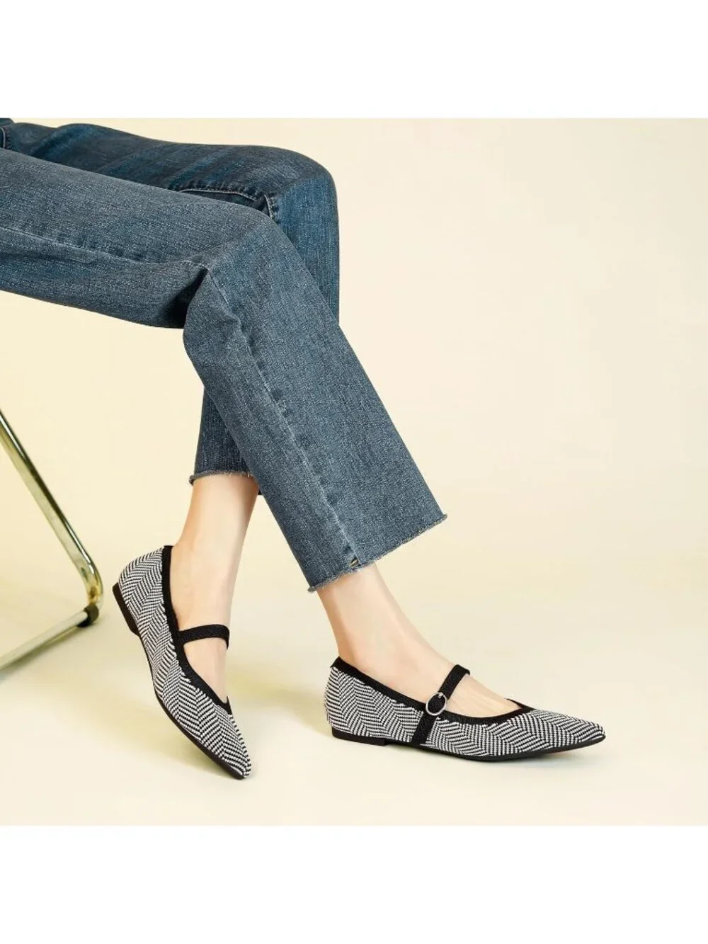 Women's Black Knit Flats Pointed Tip Casual Ballet Flat Shoes with Ankle Strap